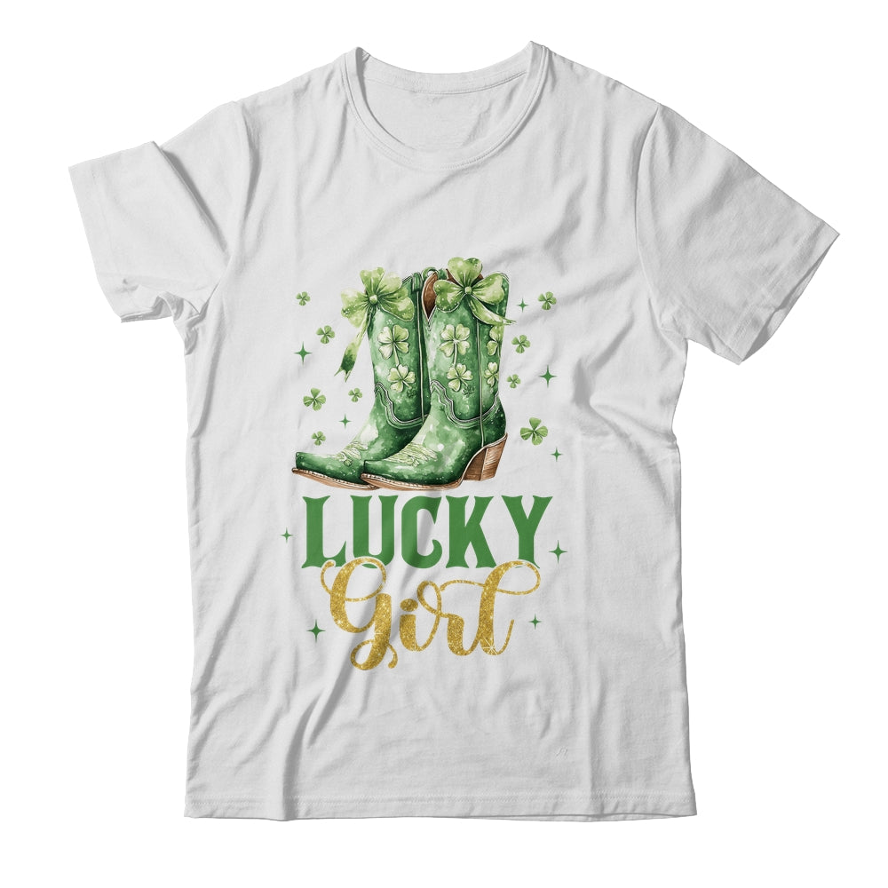 Lucky Girl St Patrick's Day Cowboy Boots Green Shamrock Bow Shirt & Tank Top | teecentury
