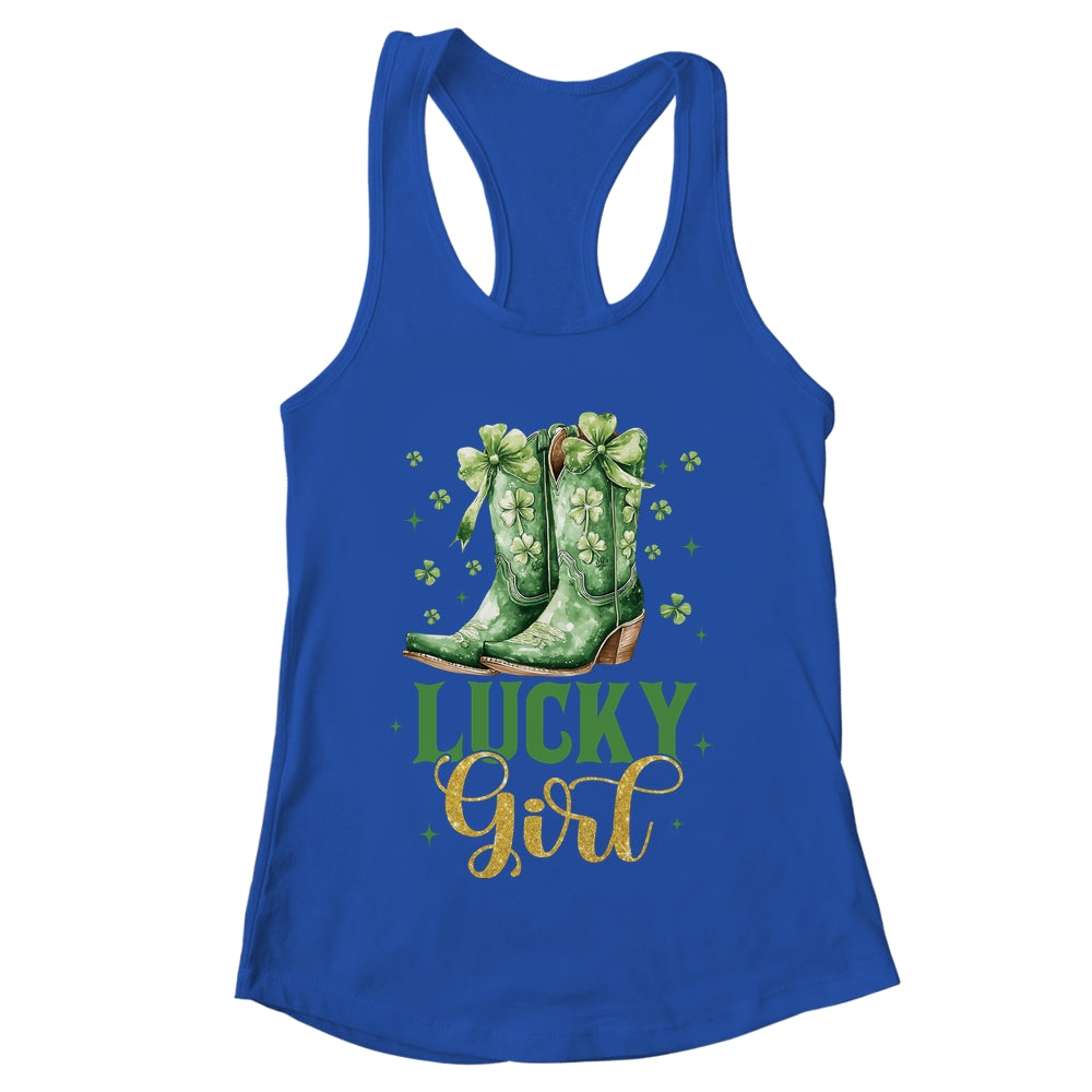 Lucky Girl St Patrick's Day Cowboy Boots Green Shamrock Bow Shirt & Tank Top | teecentury