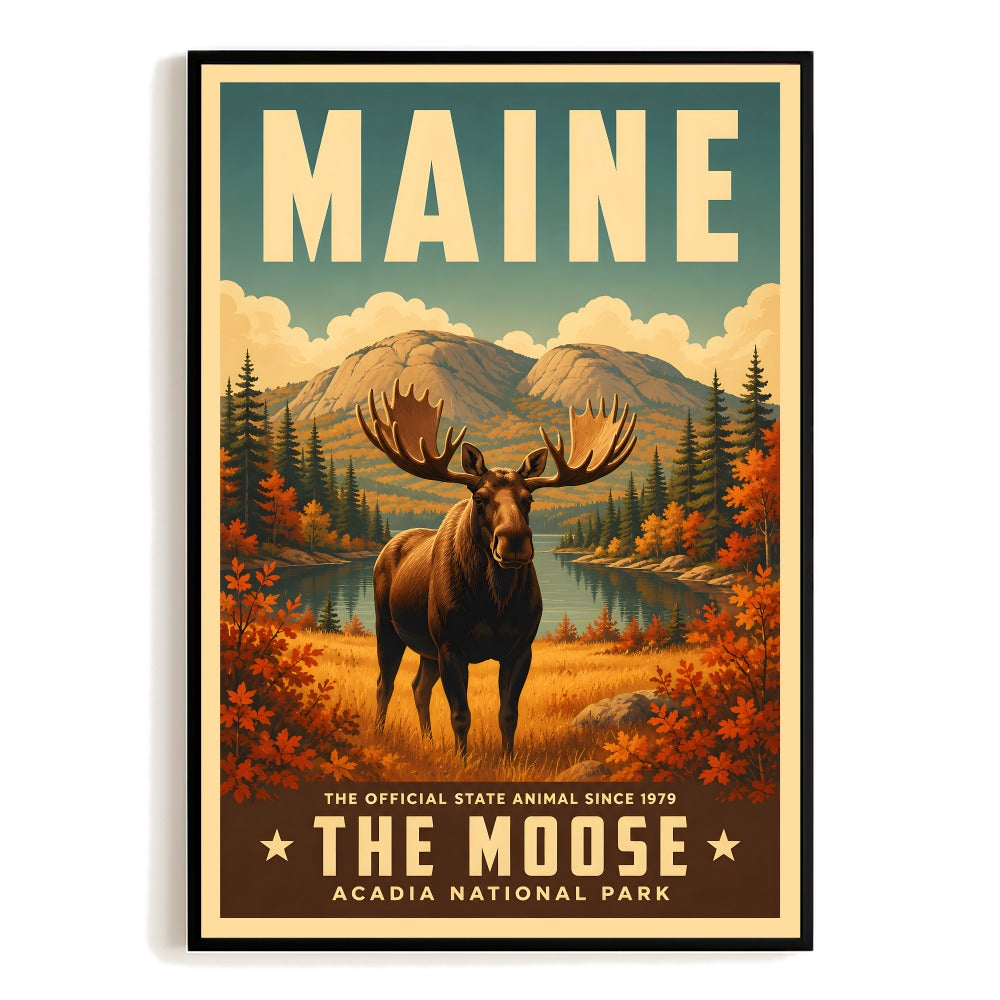 Maine Moose Vintage Travel Poster Acadia National Park Souvenir Retro Landscape Wall Art Print For Home Living Room Office Bedroom Dorm Decor Unframed | teecentury