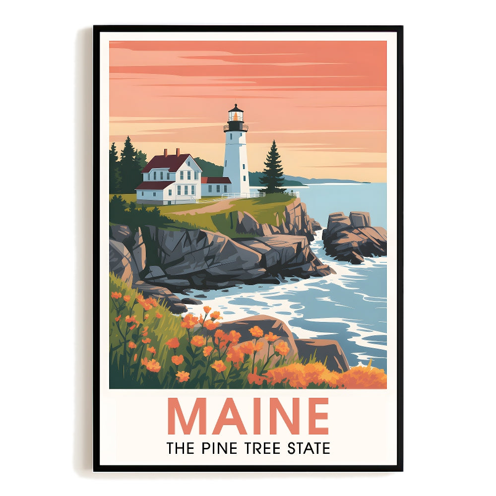 Maine Print Travel Poster Nature Pine Tree State Souvenir Wall Art Landscape Painting Picture Suitable For Home Room Living Room Office Bedroom Decor Unframed | teecentury