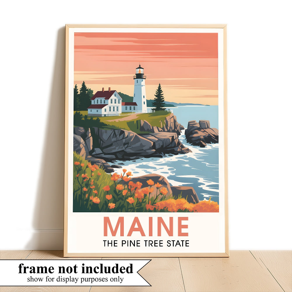 Maine Print Travel Poster Nature Pine Tree State Souvenir Wall Art Landscape Painting Picture Suitable For Home Room Living Room Office Bedroom Decor Unframed | teecentury