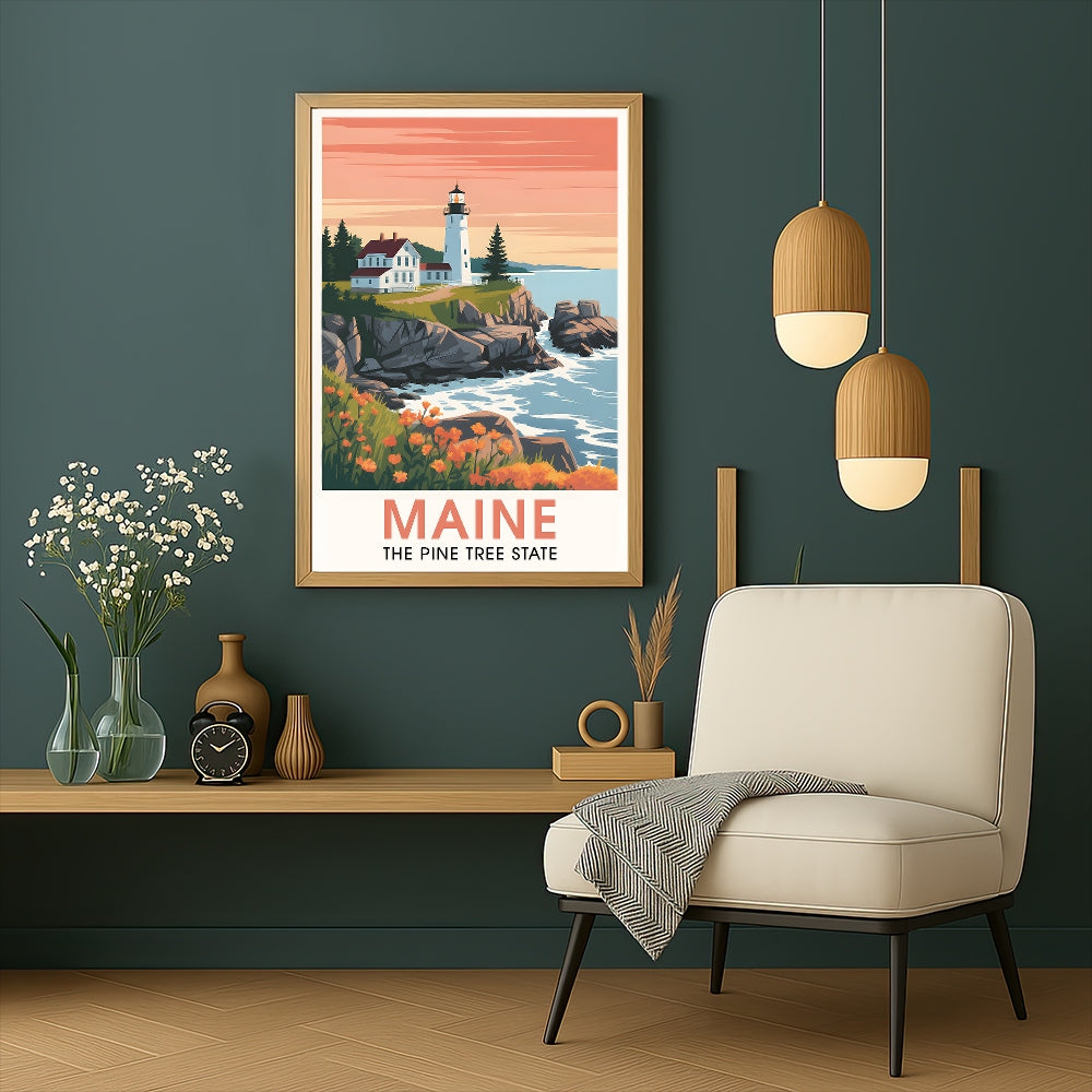 Maine Print Travel Poster Nature Pine Tree State Souvenir Wall Art Landscape Painting Picture Suitable For Home Room Living Room Office Bedroom Decor Unframed | teecentury