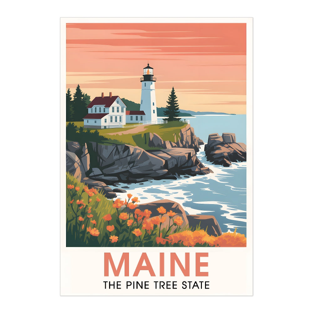 Maine Print Travel Poster Nature Pine Tree State Souvenir Wall Art Landscape Painting Picture Suitable For Home Room Living Room Office Bedroom Decor Unframed | teecentury