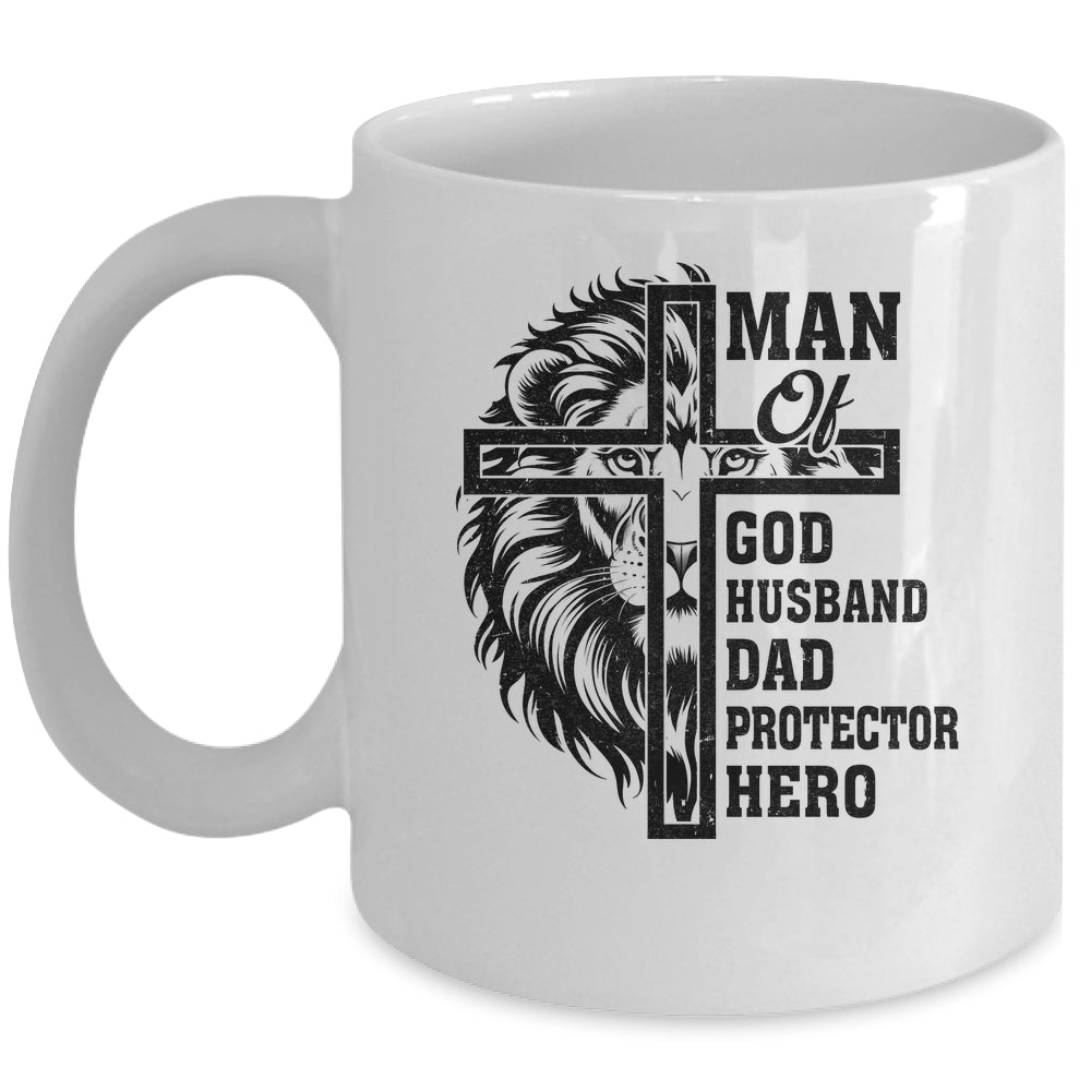 Man Of God Husband Dad Protector Hero Christian Father's Day Mug | teecentury