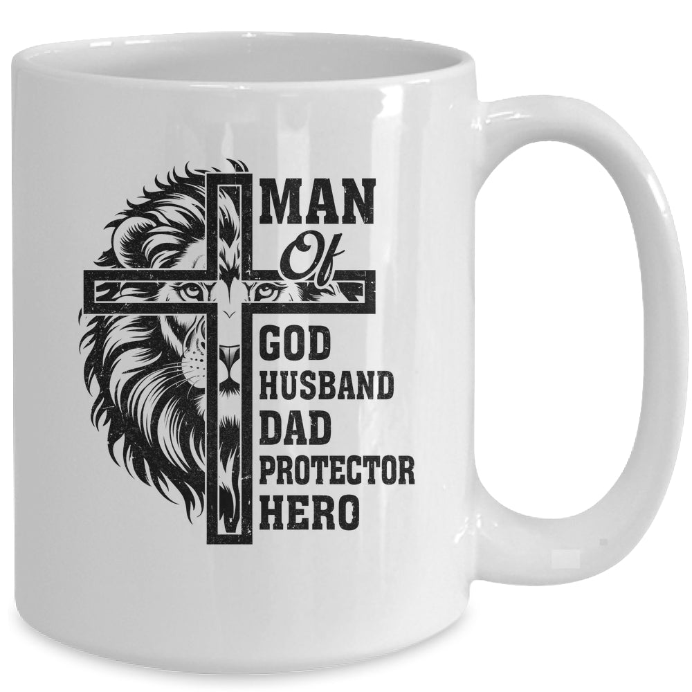 Man Of God Husband Dad Protector Hero Christian Father's Day Mug | teecentury