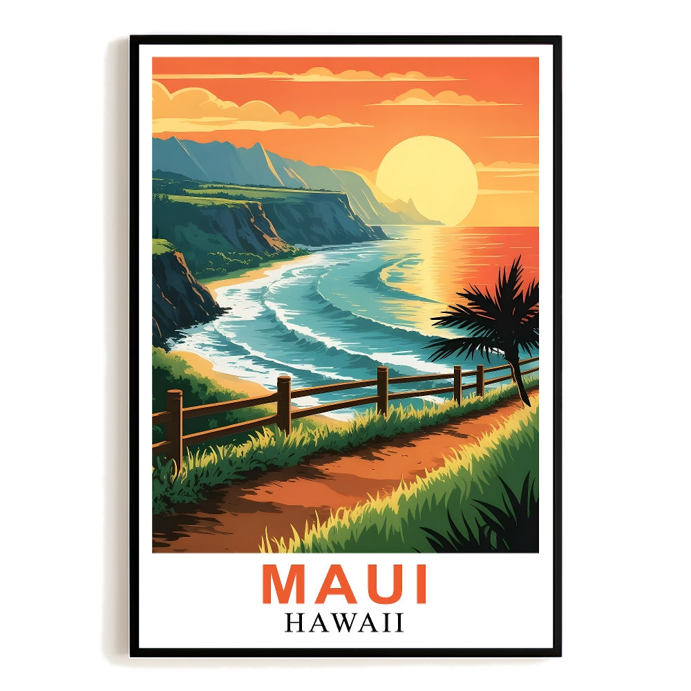 Maui Hawaii Sunset Coastal View Poster Vintage Travel Scenic Tropical Beach Art Print Landscape Painting Ideal For Home Decor Living Room Office Bedroom Decor Unframed | teecentury