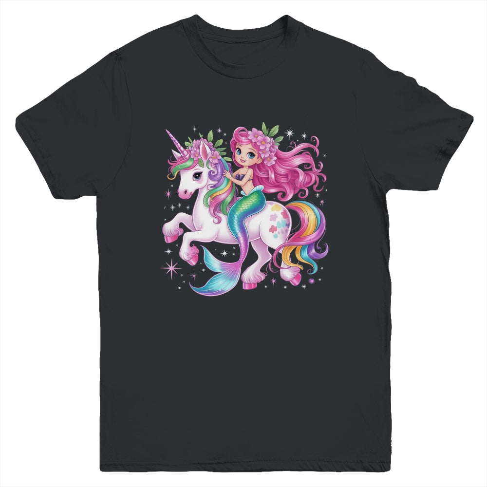 Mermaid Riding A Unicorn Girls Women Kids Adults Rainbow Youth Shirt | teecentury