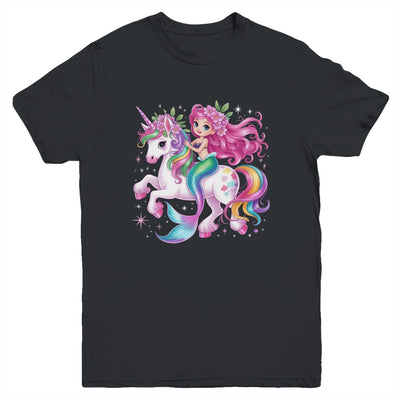 Mermaid Riding A Unicorn Girls Women Kids Adults Rainbow Youth Shirt | teecentury