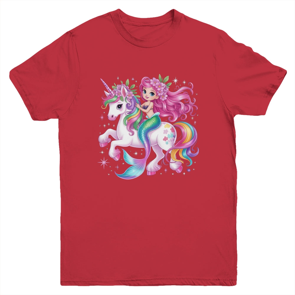 Mermaid Riding A Unicorn Girls Women Kids Adults Rainbow Youth Shirt | teecentury