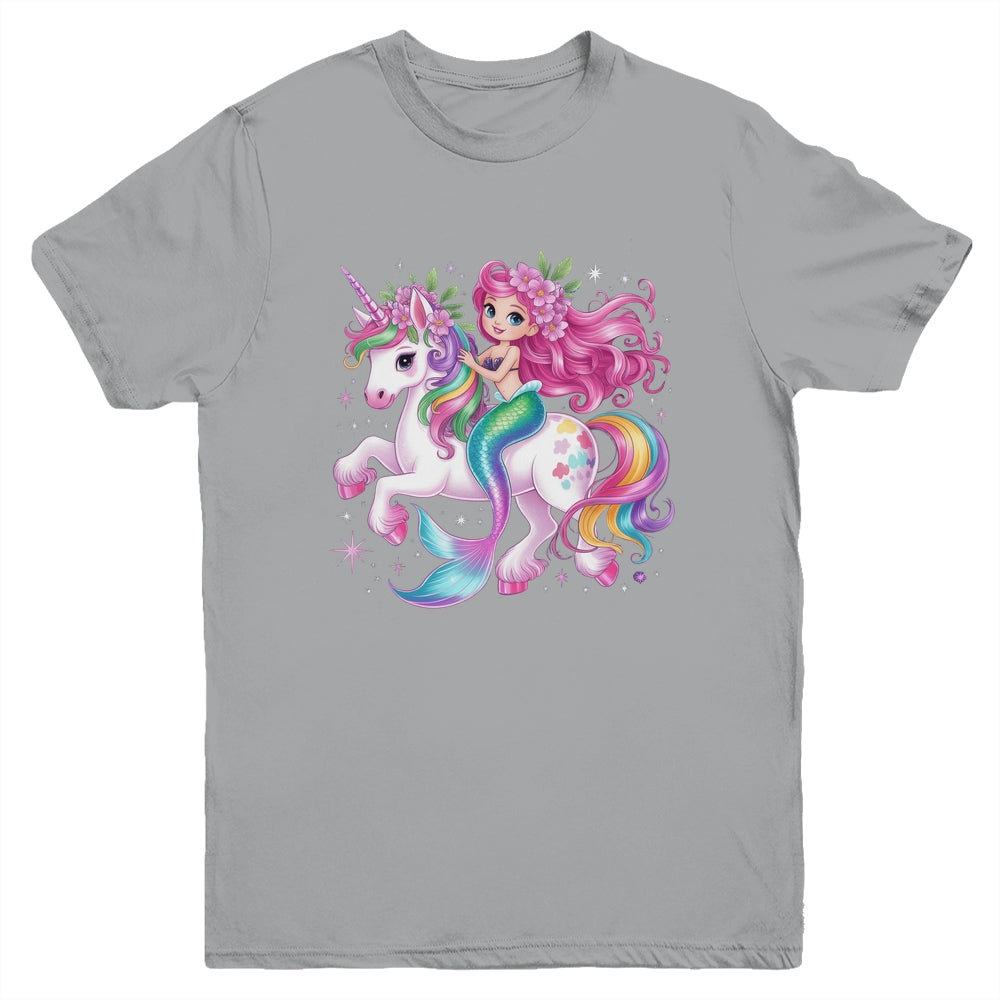 Mermaid Riding A Unicorn Girls Women Kids Adults Rainbow Youth Shirt | teecentury