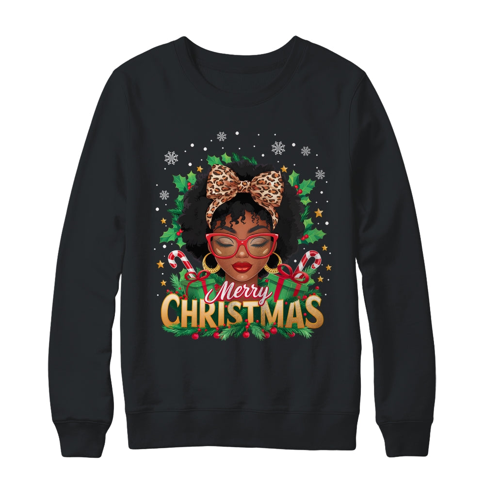 Merry Christmas African American Black Women Afro Messy Bun Shirt & Sweatshirt | teecentury