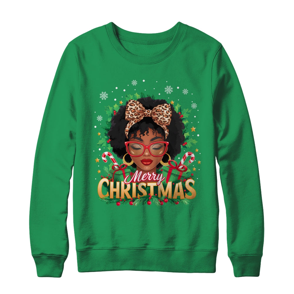 Merry Christmas African American Black Women Afro Messy Bun Shirt & Sweatshirt | teecentury