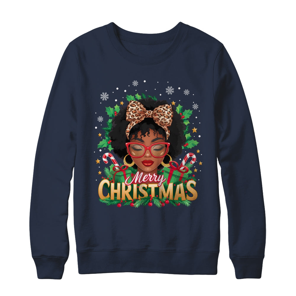 Merry Christmas African American Black Women Afro Messy Bun Shirt & Sweatshirt | teecentury