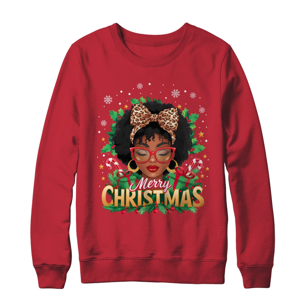 Merry Christmas African American Black Women Afro Messy Bun Shirt & Sweatshirt | teecentury