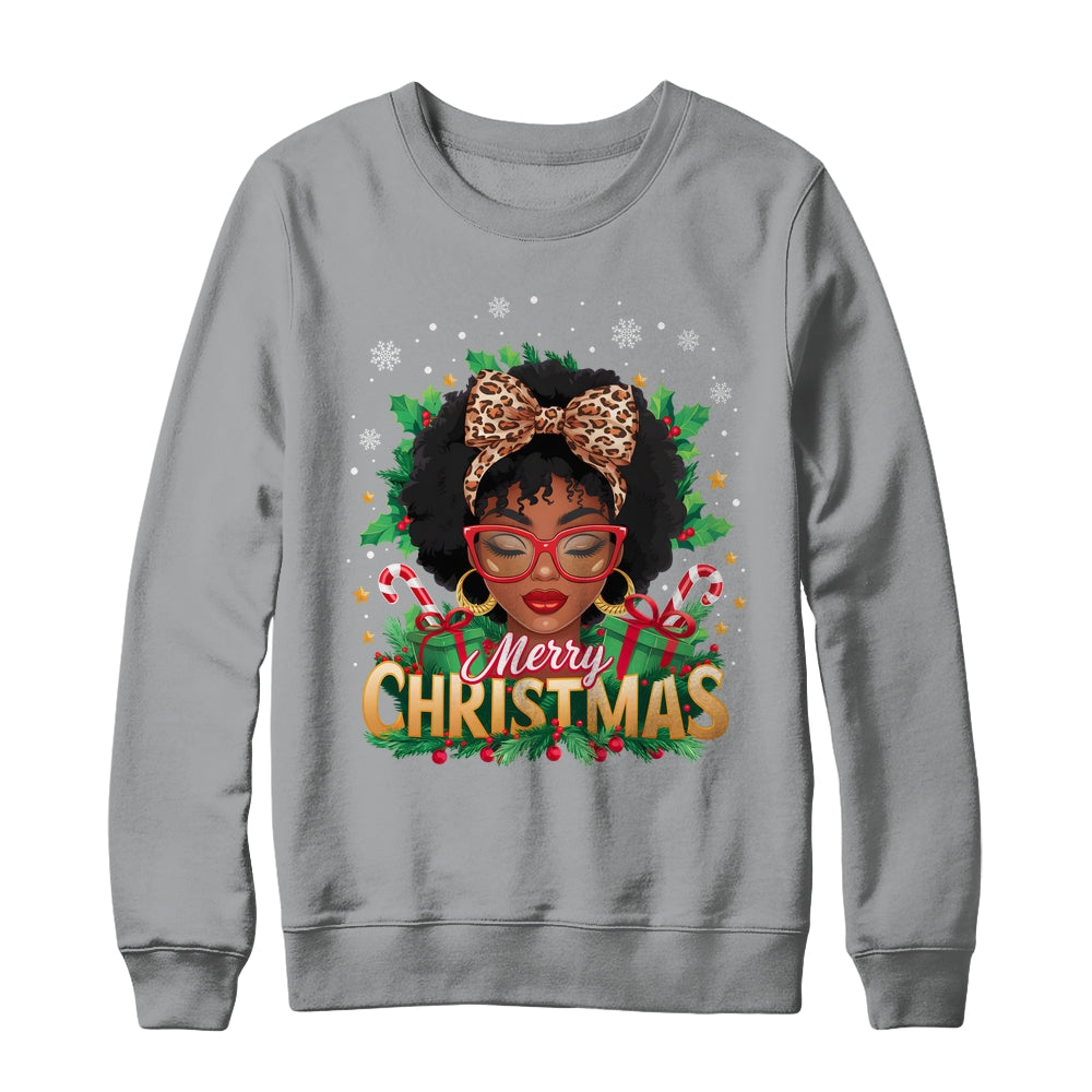 Merry Christmas African American Black Women Afro Messy Bun Shirt & Sweatshirt | teecentury