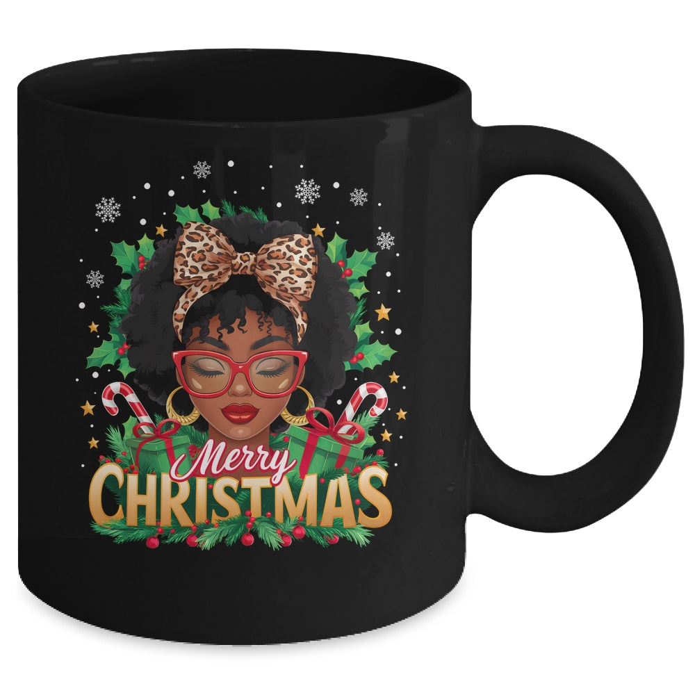 Merry Christmas African American Black Women Afro Messy Bun Mug | teecentury