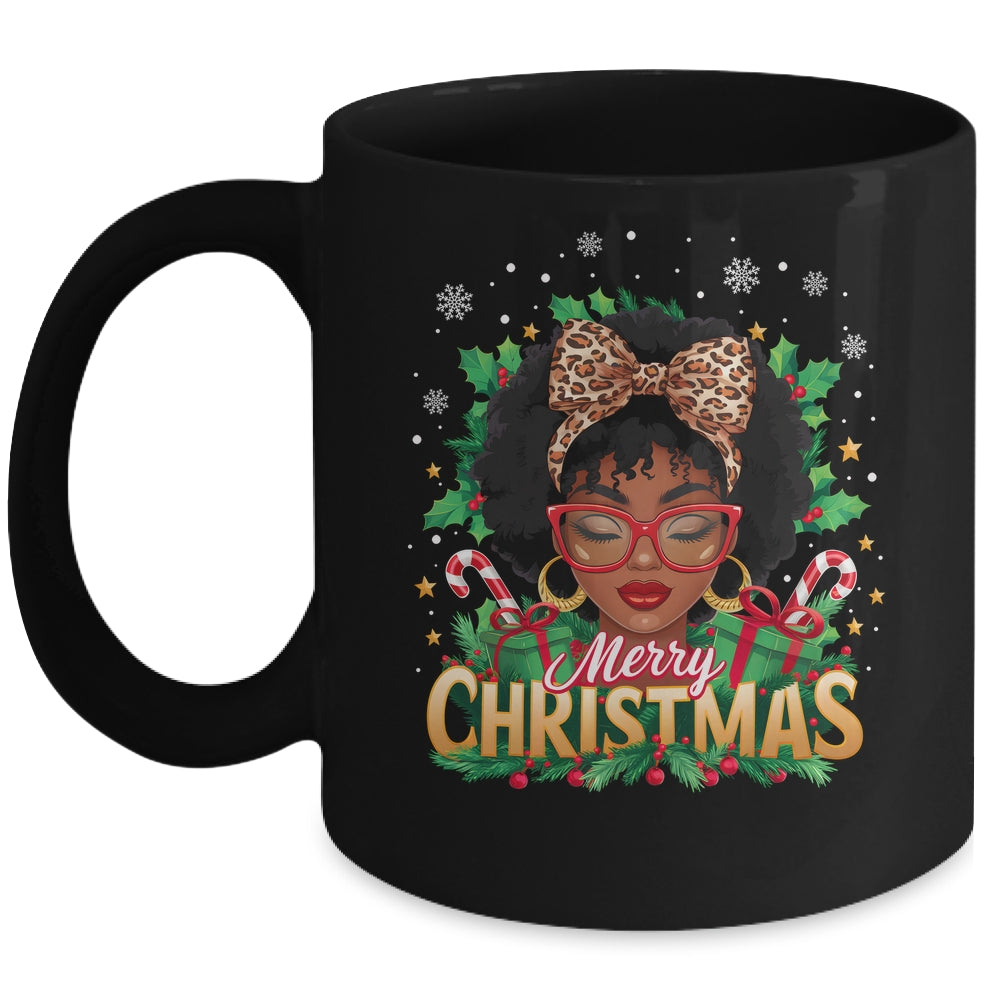 Merry Christmas African American Black Women Afro Messy Bun Mug | teecentury