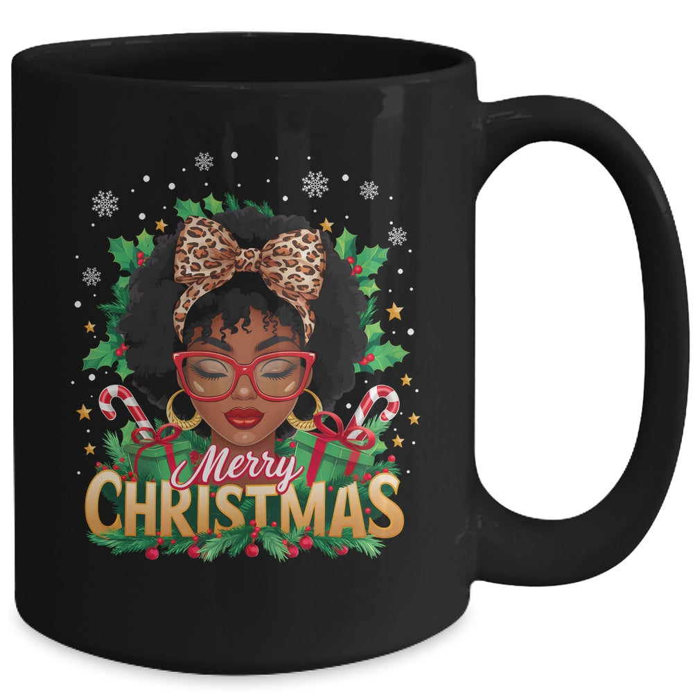 Merry Christmas African American Black Women Afro Messy Bun Mug | teecentury