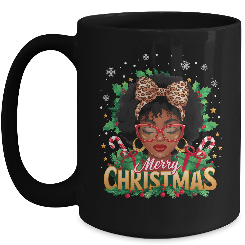 Merry Christmas African American Black Women Afro Messy Bun Mug | teecentury