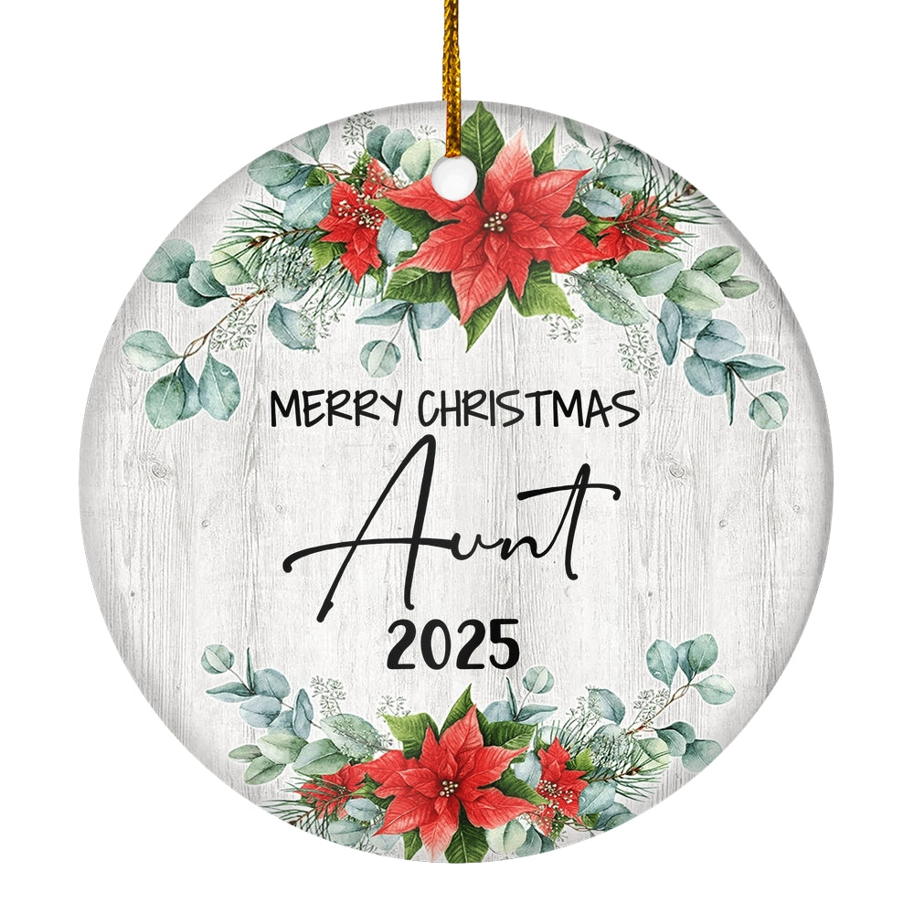 Merry Christmas Aunt 2024 Ornament New Aunt Farmhouse Rustic Gray Wood Deep Red Poinsettia Flower Decoration Christmas Tree Ornament | teecentury