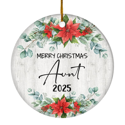 Merry Christmas Aunt 2024 Ornament New Aunt Farmhouse Rustic Gray Wood Deep Red Poinsettia Flower Decoration Christmas Tree Ornament | teecentury
