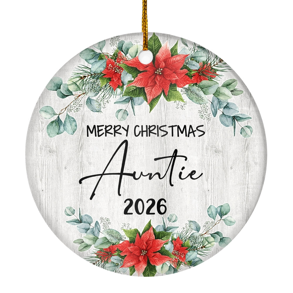 Merry Christmas Auntie 2025 Ornament New Auntie Farmhouse Rustic Gray Wood Deep Red Poinsettia Flower Decoration Christmas Tree Ornament | teecentury