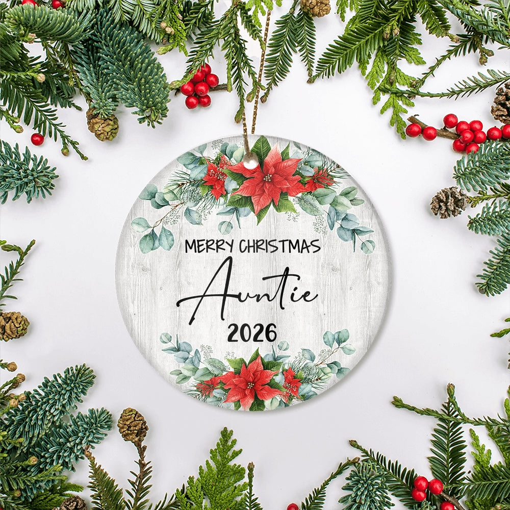 Merry Christmas Auntie 2025 Ornament New Auntie Farmhouse Rustic Gray Wood Deep Red Poinsettia Flower Decoration Christmas Tree Ornament | teecentury