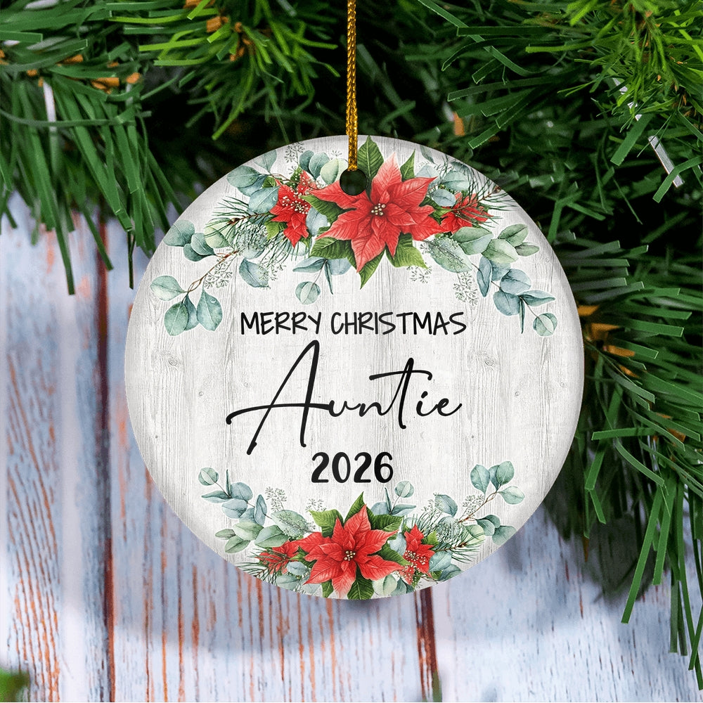 Merry Christmas Auntie 2025 Ornament New Auntie Farmhouse Rustic Gray Wood Deep Red Poinsettia Flower Decoration Christmas Tree Ornament | teecentury