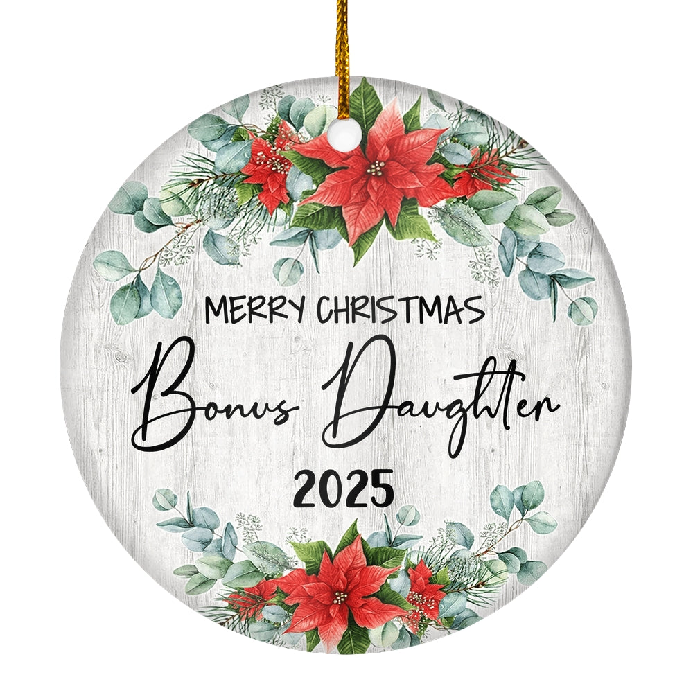 Merry Christmas Bonus Daughter 2024 Ornament New Stepdaughter Farmhouse Rustic Gray Wood Deep Red Poinsettia Flower Decoration Christmas Tree Ornament | teecentury