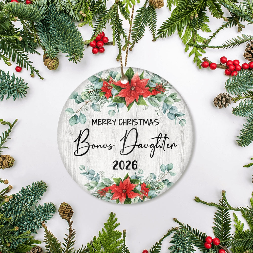 Merry Christmas Bonus Daughter 2025 Ornament New Stepdaughter Farmhouse Rustic Gray Wood Deep Red Poinsettia Flower Decoration Christmas Tree Ornament | teecentury