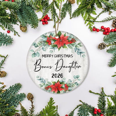 Merry Christmas Bonus Daughter 2025 Ornament New Stepdaughter Farmhouse Rustic Gray Wood Deep Red Poinsettia Flower Decoration Christmas Tree Ornament | teecentury