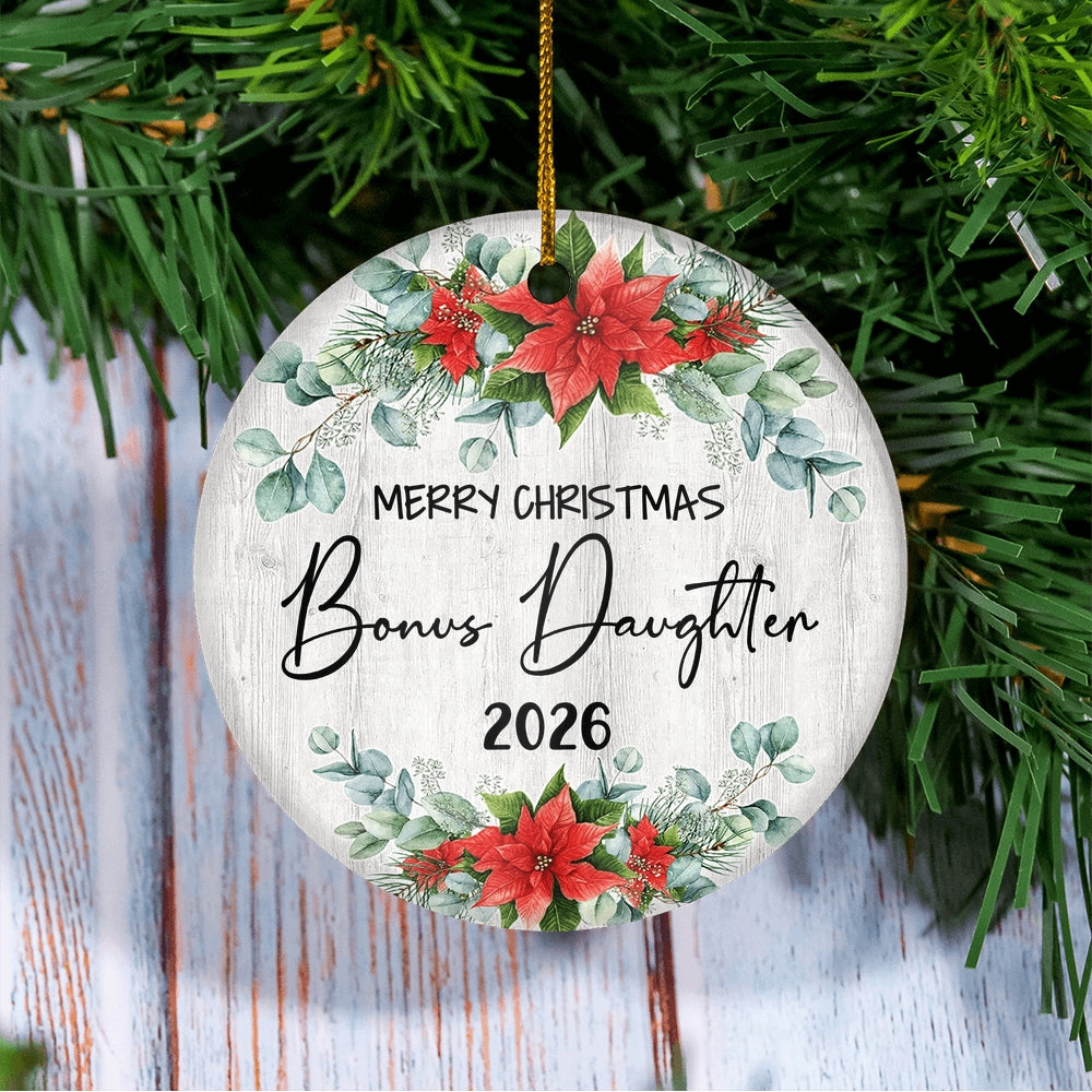 Merry Christmas Bonus Daughter 2025 Ornament New Stepdaughter Farmhouse Rustic Gray Wood Deep Red Poinsettia Flower Decoration Christmas Tree Ornament | teecentury