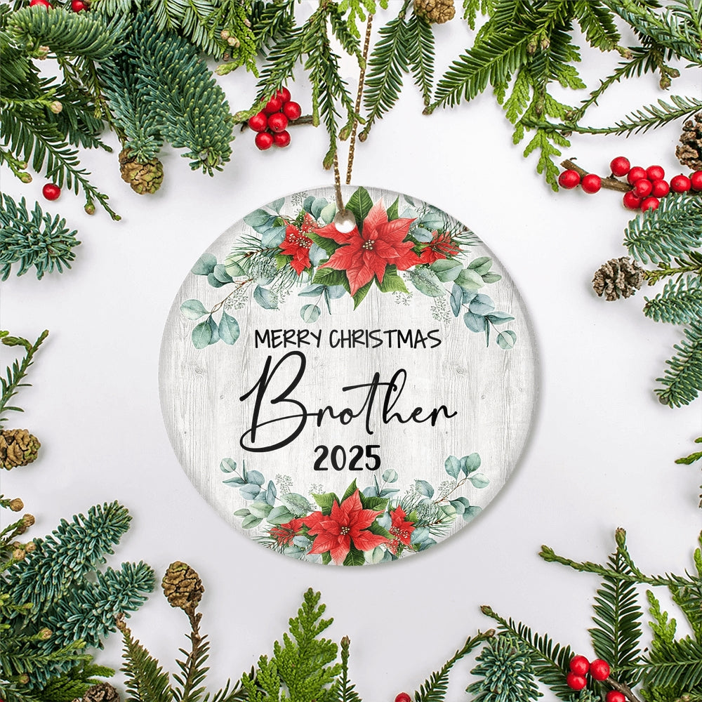 Merry Christmas Brother 2024 Ornament New Brother Farmhouse Rustic Gray Wood Deep Red Poinsettia Flower Decoration Christmas Tree Ornament | teecentury