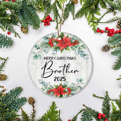 Merry Christmas Brother 2024 Ornament New Brother Farmhouse Rustic Gray Wood Deep Red Poinsettia Flower Decoration Christmas Tree Ornament | teecentury