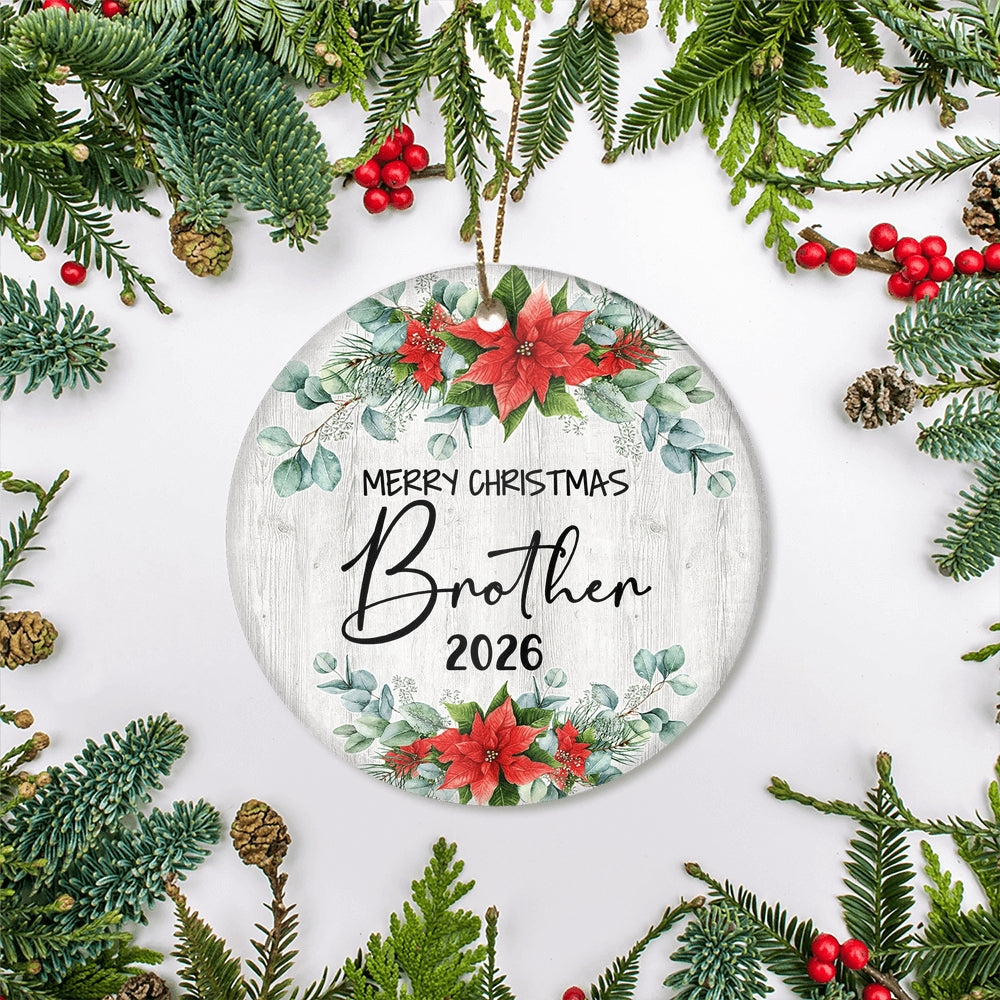Merry Christmas Brother 2025 Ornament New Brother Farmhouse Rustic Gray Wood Deep Red Poinsettia Flower Decoration Christmas Tree Ornament | teecentury
