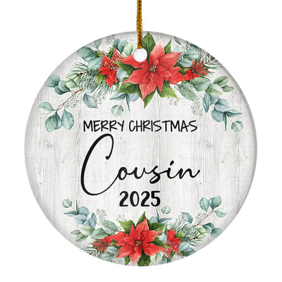 Merry Christmas Cousin 2024 Ornament New Cousin Farmhouse Rustic Gray Wood Deep Red Poinsettia Flower Decoration Christmas Tree Ornament | teecentury