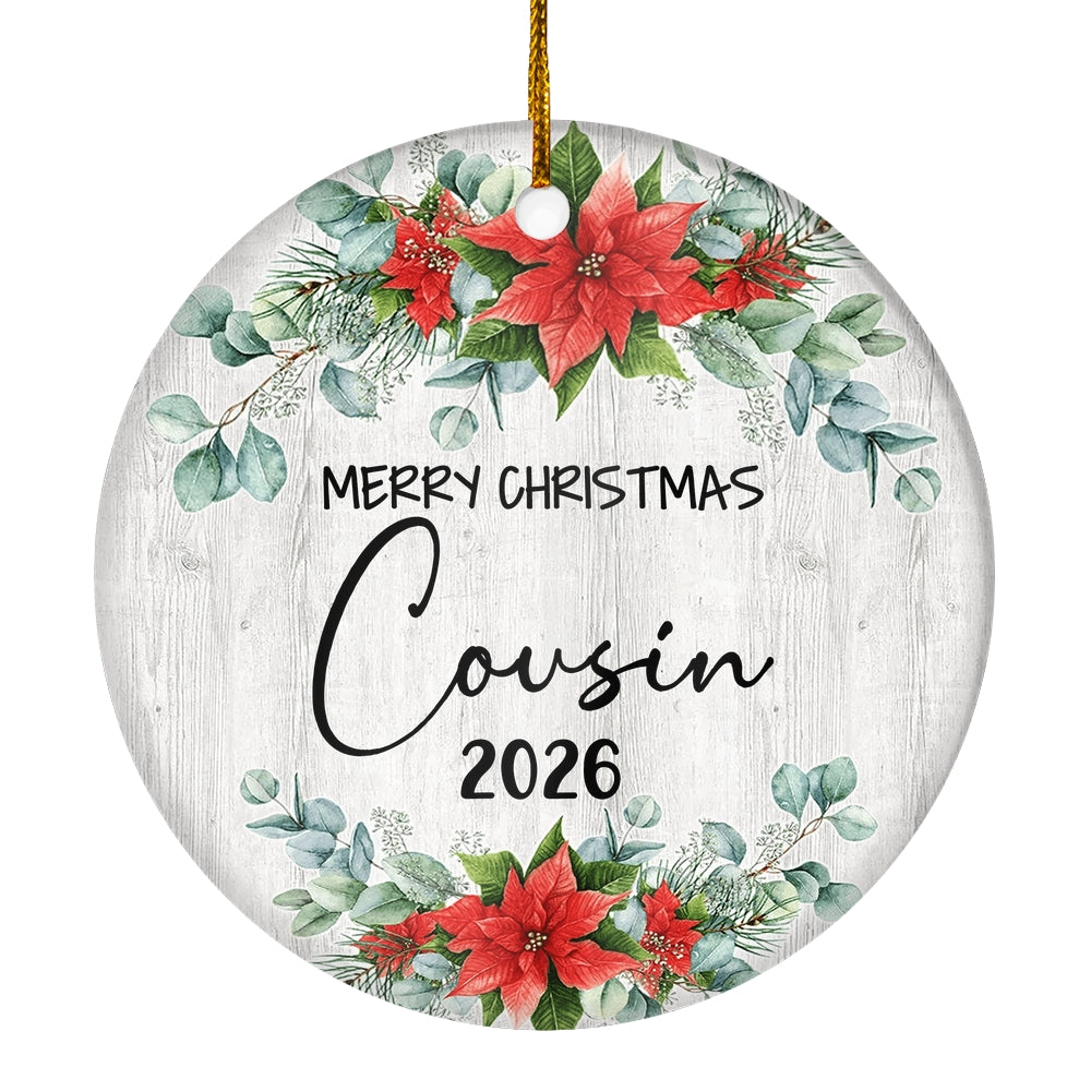 Merry Christmas Cousin 2025 Ornament New Cousin Farmhouse Rustic Gray Wood Deep Red Poinsettia Flower Decoration Christmas Tree Ornament | teecentury