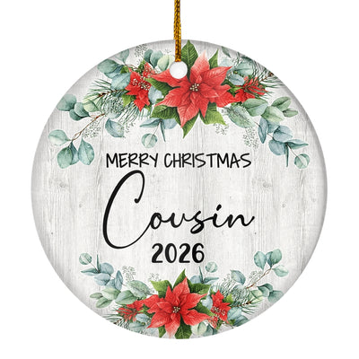Merry Christmas Cousin 2025 Ornament New Cousin Farmhouse Rustic Gray Wood Deep Red Poinsettia Flower Decoration Christmas Tree Ornament | teecentury