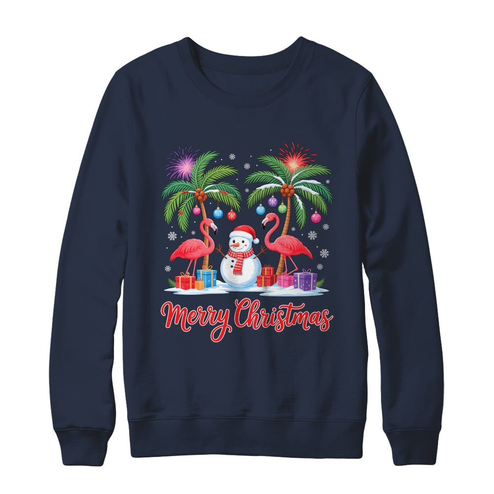 Merry Christmas Flamingo Xmas Palm Tree Light Tropical Shirt & Sweatshirt | teecentury