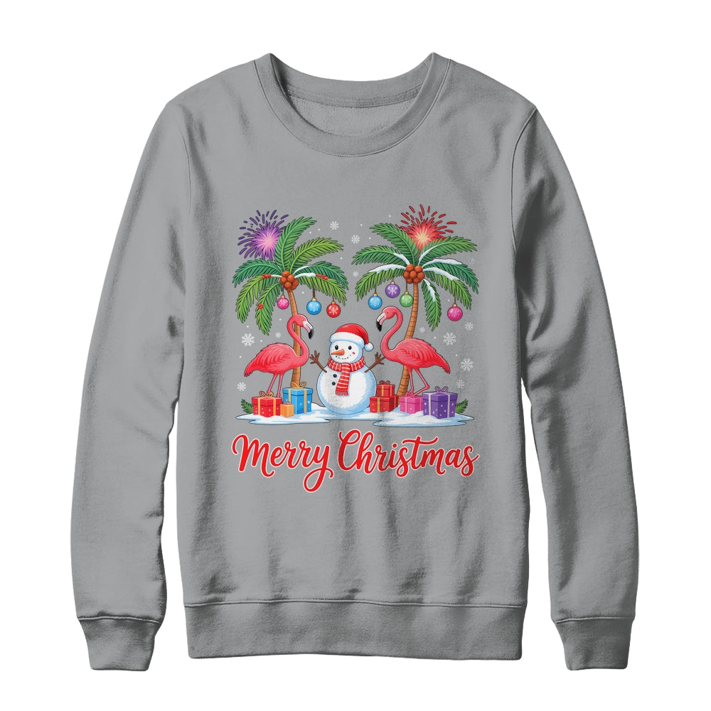 Merry Christmas Flamingo Xmas Palm Tree Light Tropical Shirt & Sweatshirt | teecentury