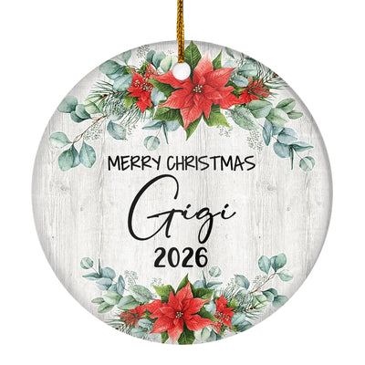 Merry Christmas Gigi 2025 Ornament New Gigi Farmhouse Rustic Gray Wood Deep Red Poinsettia Flower Decoration Christmas Tree Ornament | teecentury