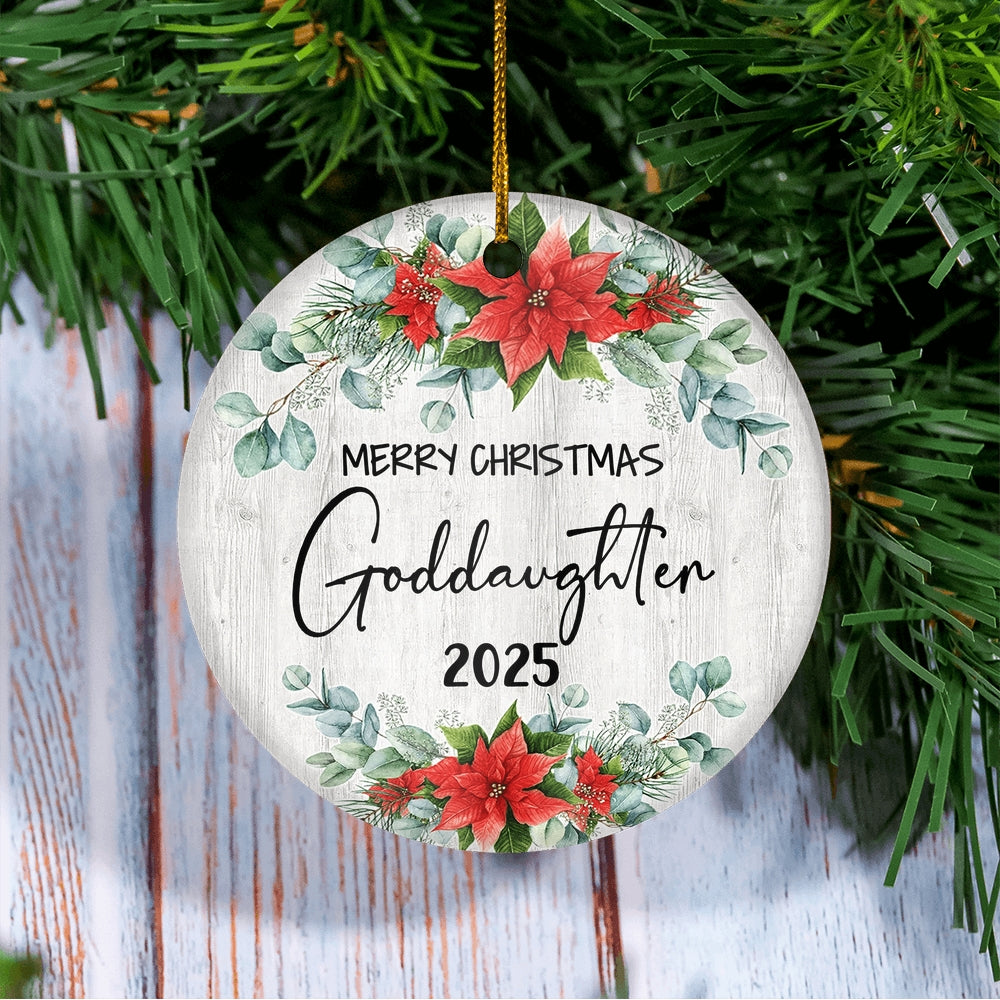 Merry Christmas Goddaughter 2024 Ornament New Goddaughter Farmhouse Rustic Gray Wood Deep Red Poinsettia Flower Decoration Christmas Tree Ornament | teecentury