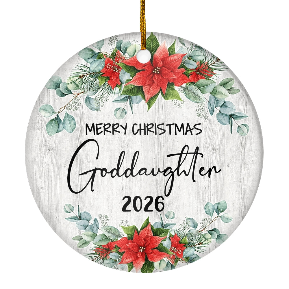 Merry Christmas Goddaughter 2025 Ornament New Goddaughter Farmhouse Rustic Gray Wood Deep Red Poinsettia Flower Decoration Christmas Tree Ornament | teecentury