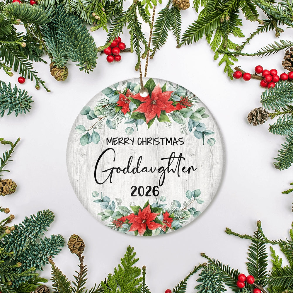 Merry Christmas Goddaughter 2025 Ornament New Goddaughter Farmhouse Rustic Gray Wood Deep Red Poinsettia Flower Decoration Christmas Tree Ornament | teecentury
