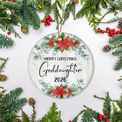 Merry Christmas Goddaughter 2025 Ornament New Goddaughter Farmhouse Rustic Gray Wood Deep Red Poinsettia Flower Decoration Christmas Tree Ornament | teecentury