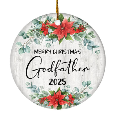 Merry Christmas Godfather 2024 Ornament New Godfather Farmhouse Rustic Gray Wood Deep Red Poinsettia Flower Decoration Christmas Tree Ornament | teecentury