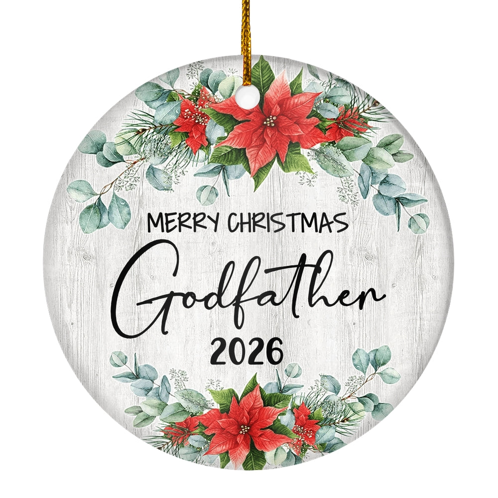 Merry Christmas Godfather 2025 Ornament New Godfather Farmhouse Rustic Gray Wood Deep Red Poinsettia Flower Decoration Christmas Tree Ornament | teecentury