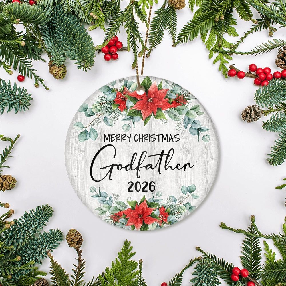 Merry Christmas Godfather 2025 Ornament New Godfather Farmhouse Rustic Gray Wood Deep Red Poinsettia Flower Decoration Christmas Tree Ornament | teecentury