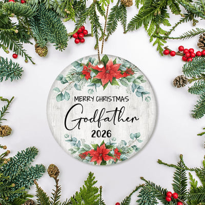 Merry Christmas Godfather 2025 Ornament New Godfather Farmhouse Rustic Gray Wood Deep Red Poinsettia Flower Decoration Christmas Tree Ornament | teecentury
