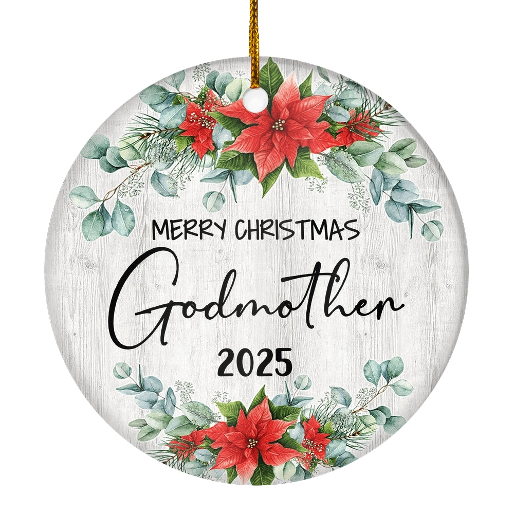 Merry Christmas Godmother 2024 Ornament New Godmother Farmhouse Rustic Gray Wood Deep Red Poinsettia Flower Decoration Christmas Tree Ornament | teecentury